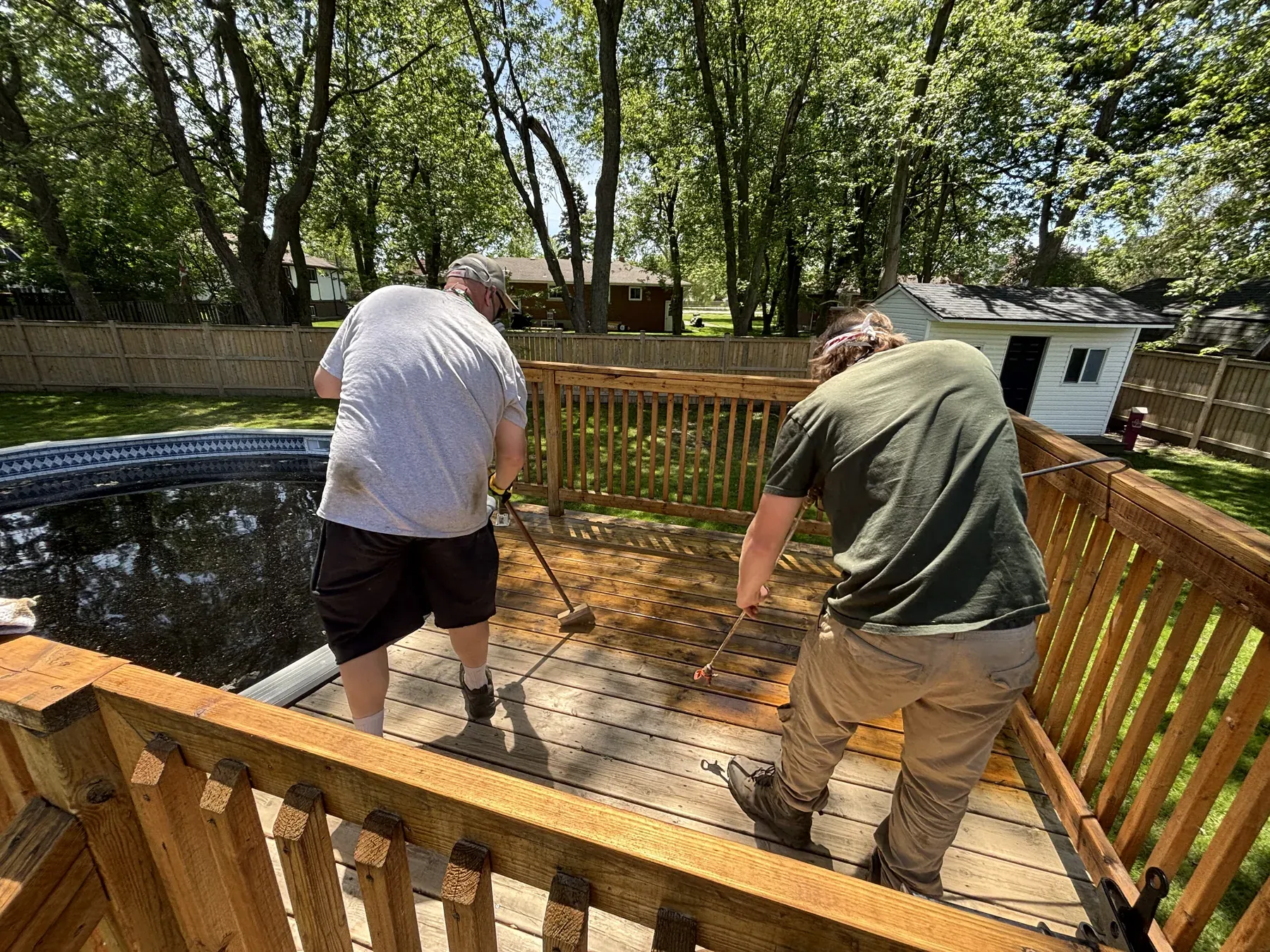 Fort Erie deck after maintenance recoat — wide finished view with gazebo